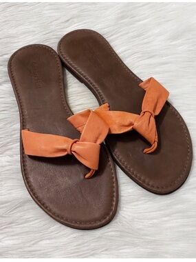 Garnet Hill Orange Leather Strap Flip Flops Thong Sandals Vacation Tropical 6